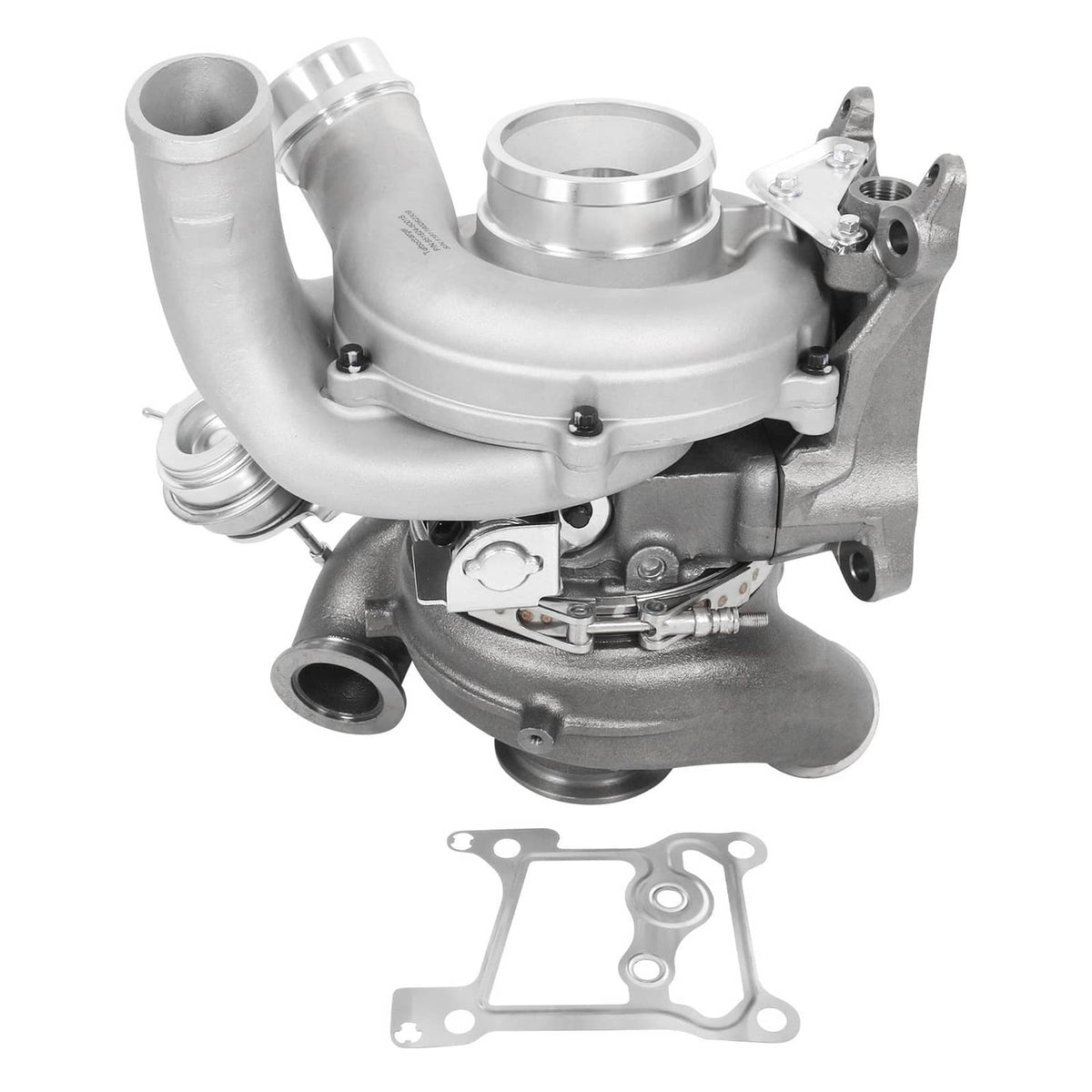 Turbocharger assembly with silver compressor housing, twin inlet pipes, and mounting flange