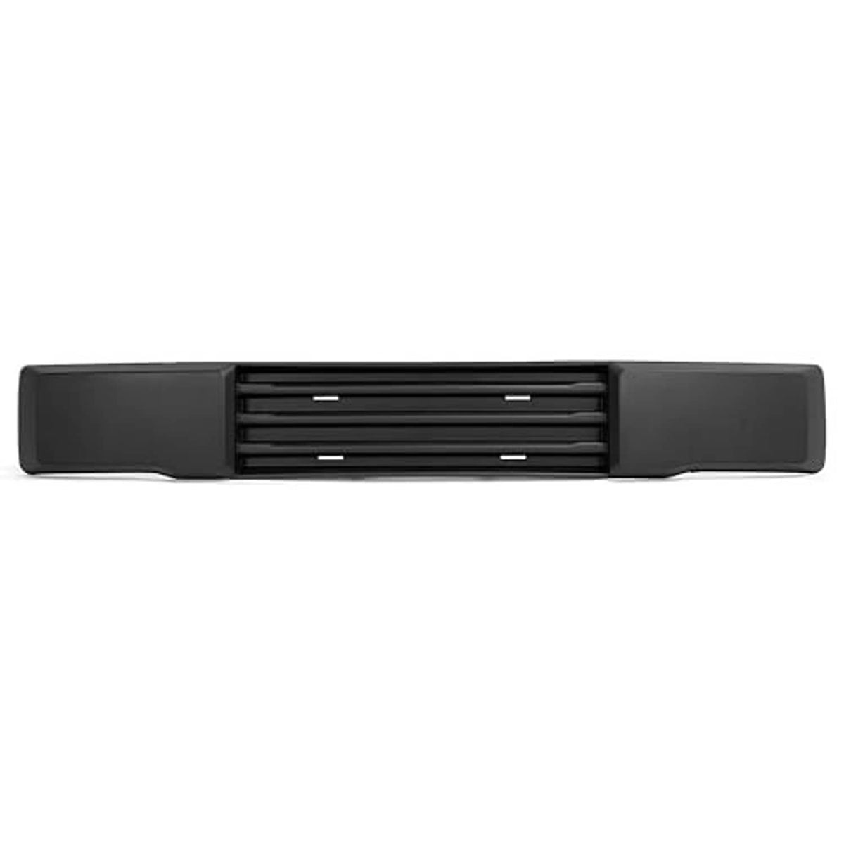Black front bumper grille insert with centered horizontal slats and smooth outer panels