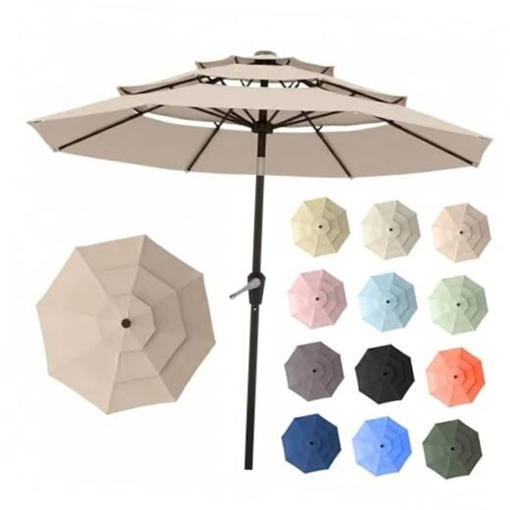 3-tier patio umbrella with beige vented canopy and dark center pole
