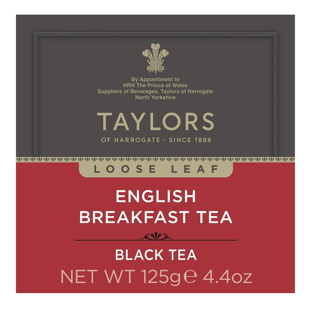 Taylors of Harrogate English Breakfast tea carton front panel with loose leaf details