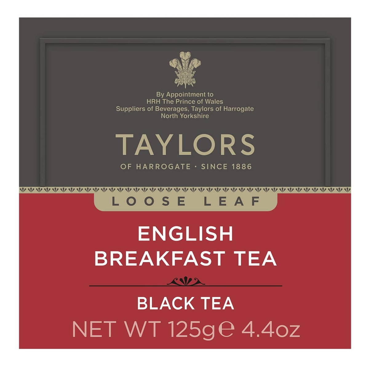 Taylors of Harrogate English Breakfast tea carton front panel with loose leaf details
