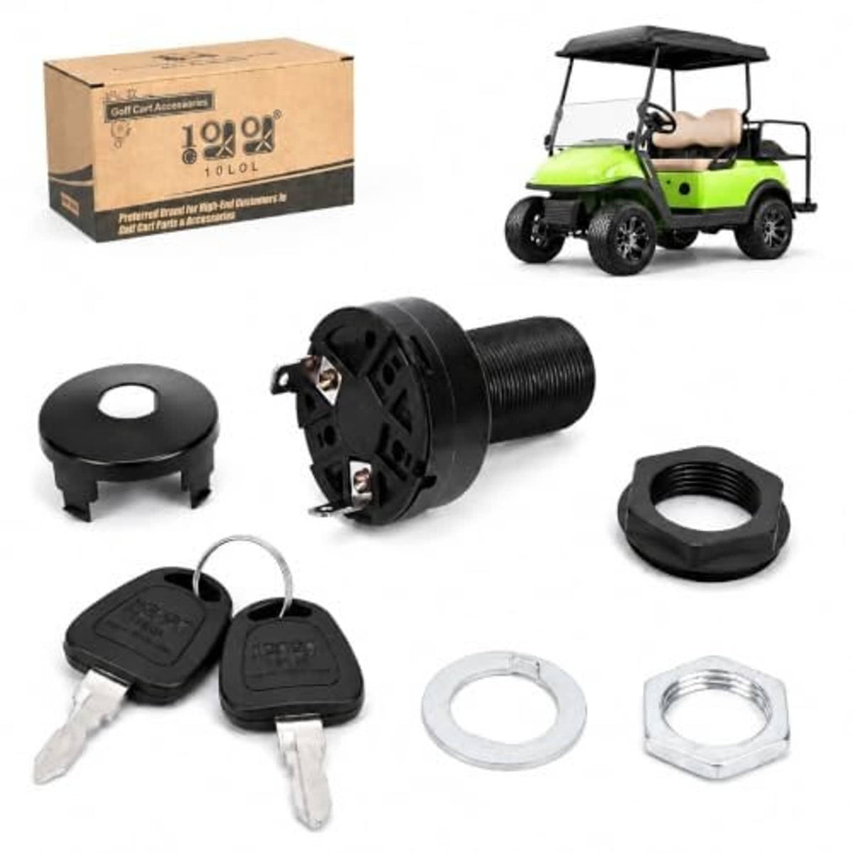Ignition switch starter cylinder with two keys and mounting nut, golf cart starter