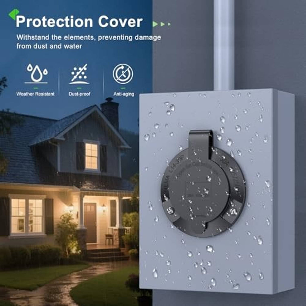 Weatherproof protection cover for flanged generator inlet plug, dust and water resistant