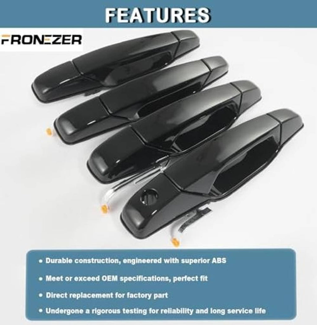 Four glossy black exterior door handles arranged for display, close-up grip surfaces