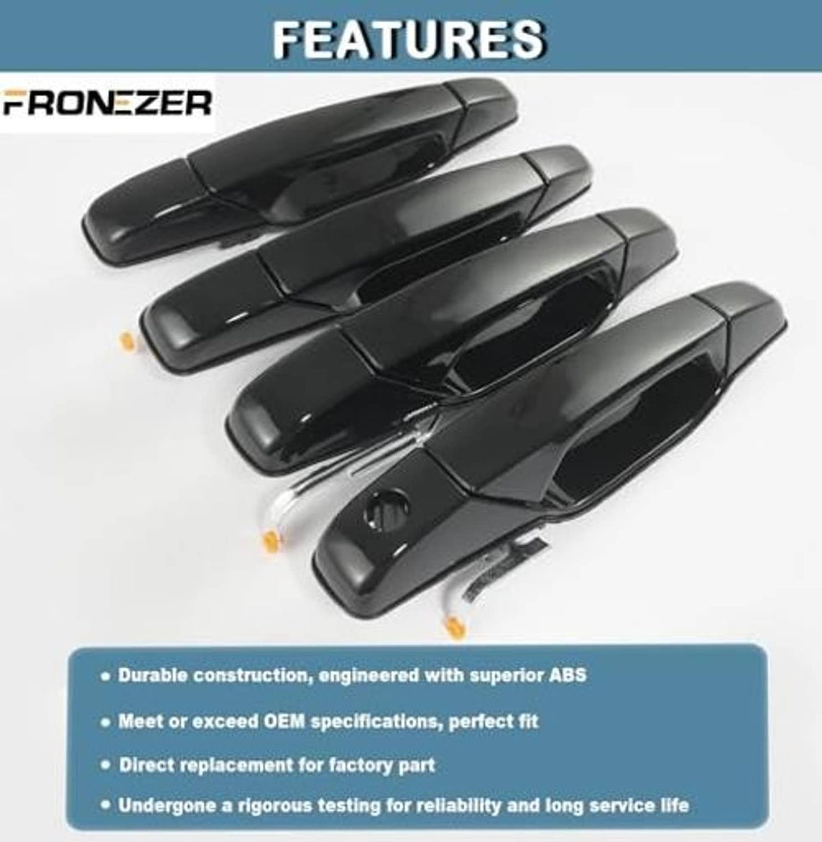 Four glossy black exterior door handles arranged for display, close-up grip surfaces