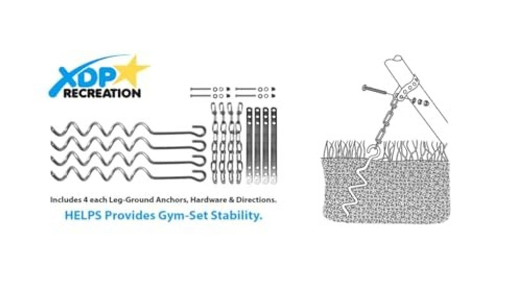 Ground anchors diagram showing included parts and swing or trampoline use