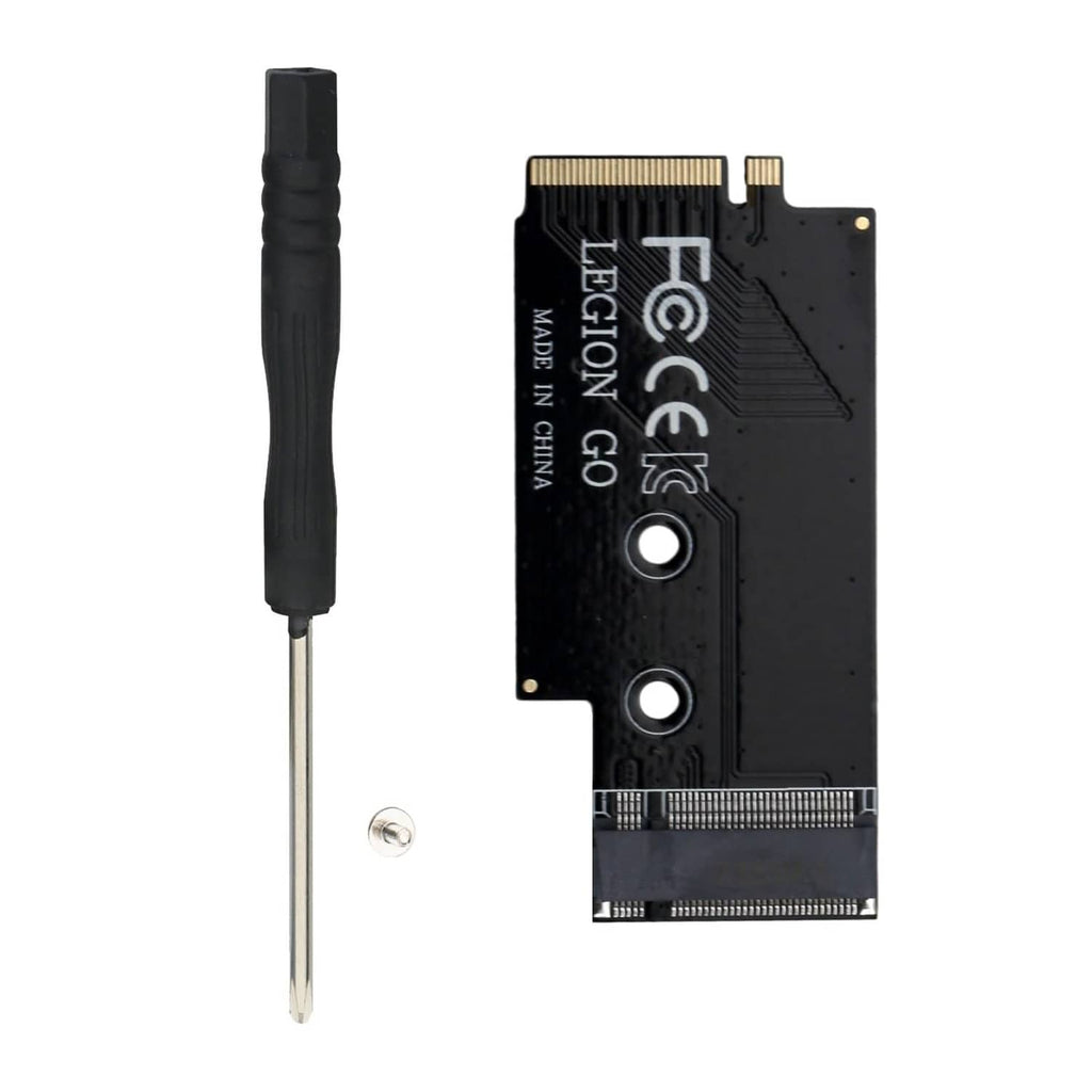 Black SSD adapter card with ribbon connector and metal adjustment tool