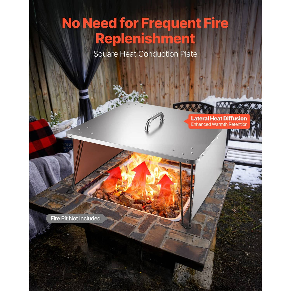 Stainless steel square heat conduction plate installed over a fire pit burner