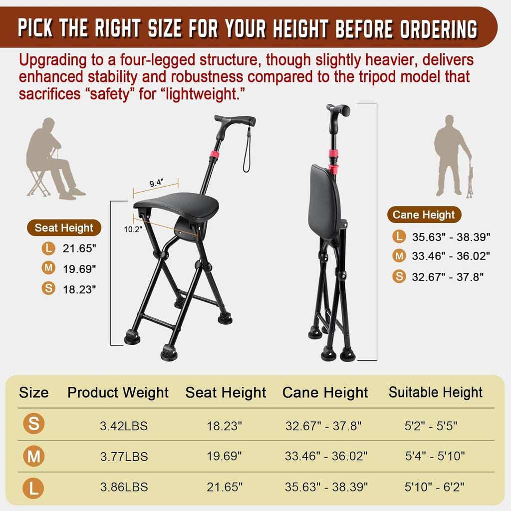 Folding cane with seat, black frame, grey seat pad, red adjustment band