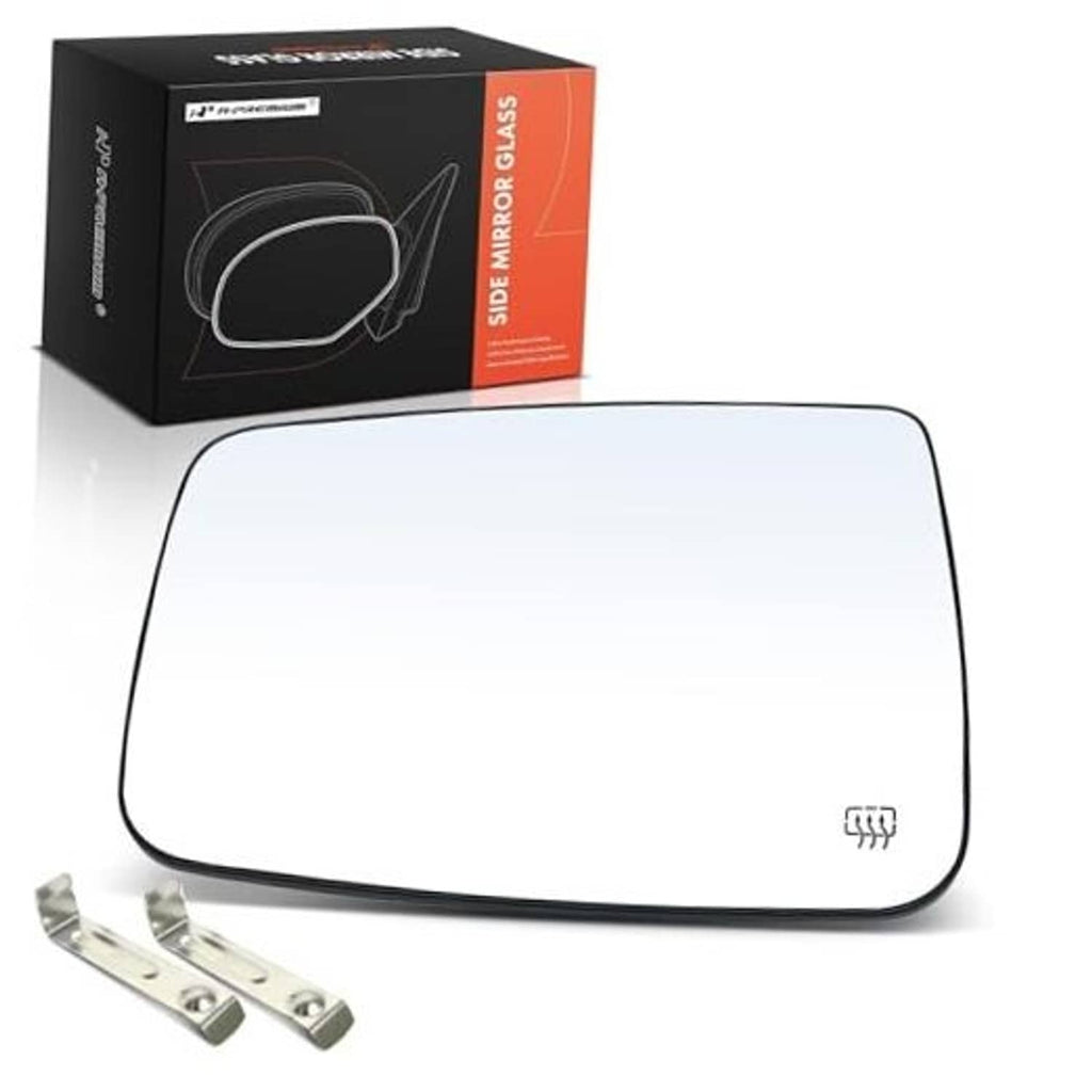 Heated flat side mirror glass with clear backing plate and mounting clips