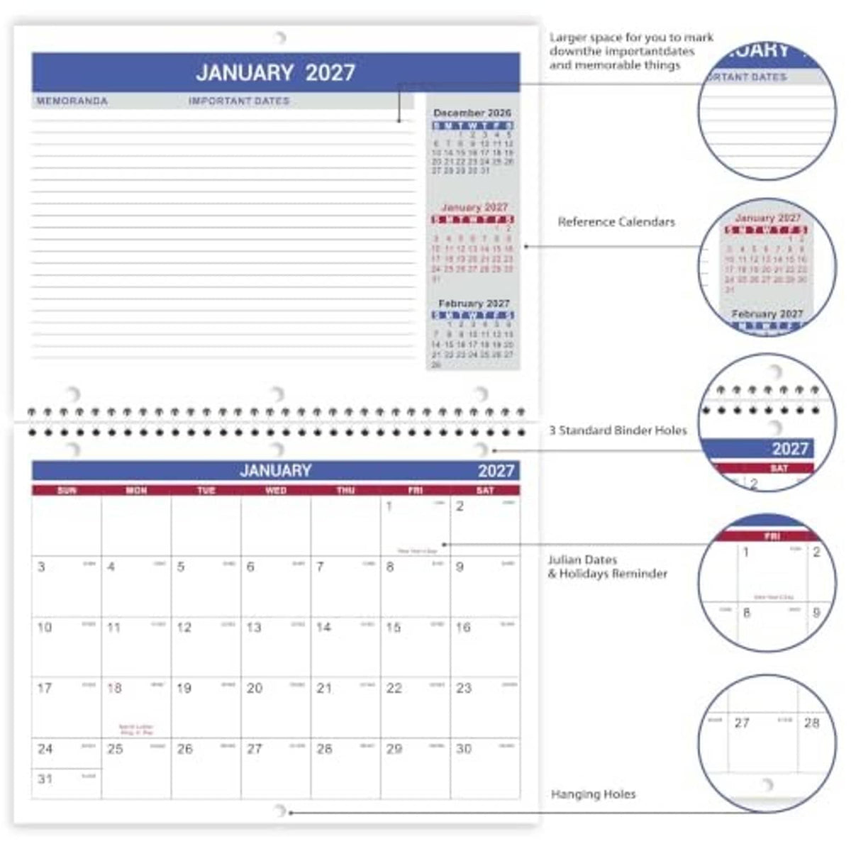 January 2027 wall calendar layout with memo lines, reference circles, and hanging holes.