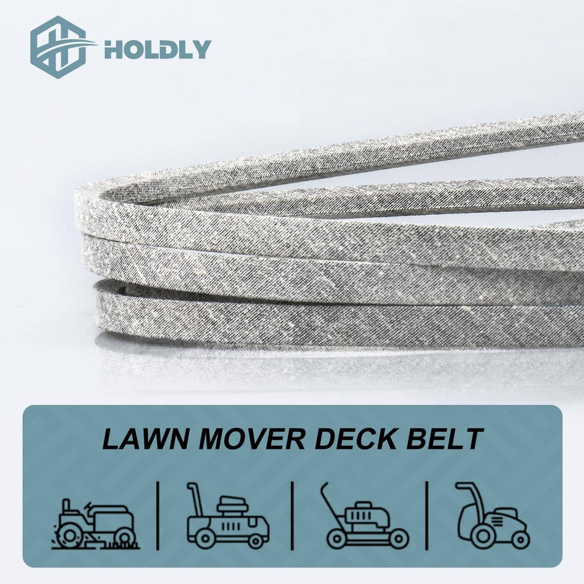 Gray speckled mower deck belt close-up with stacked edge detail and HOLDLY logo