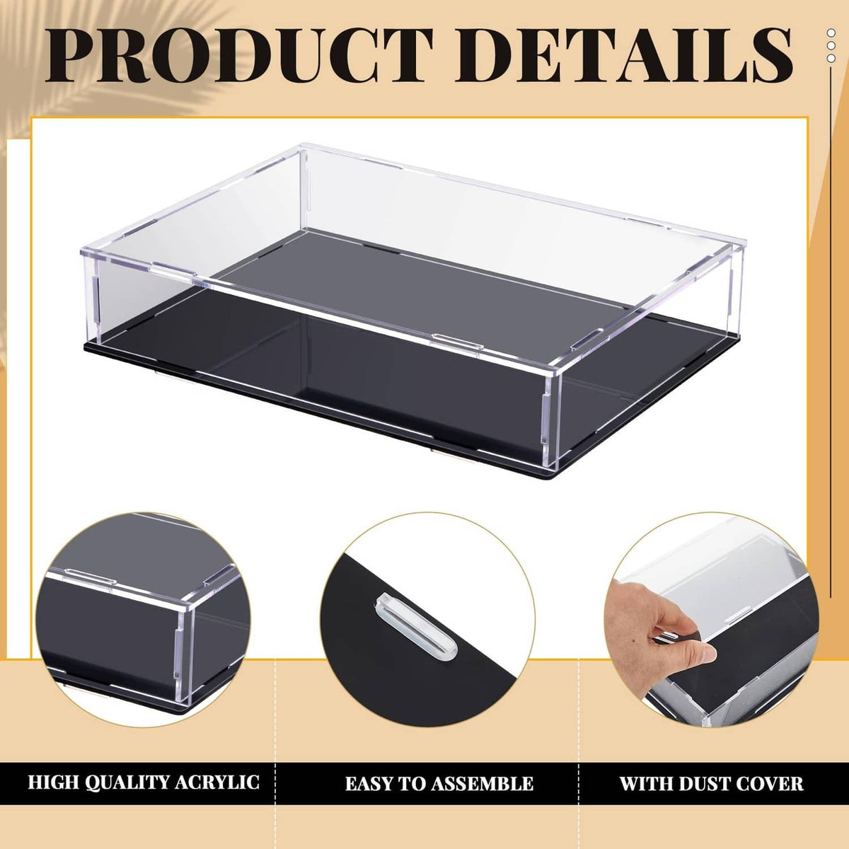 Clear acrylic book display case with black base, assembly and cover shown