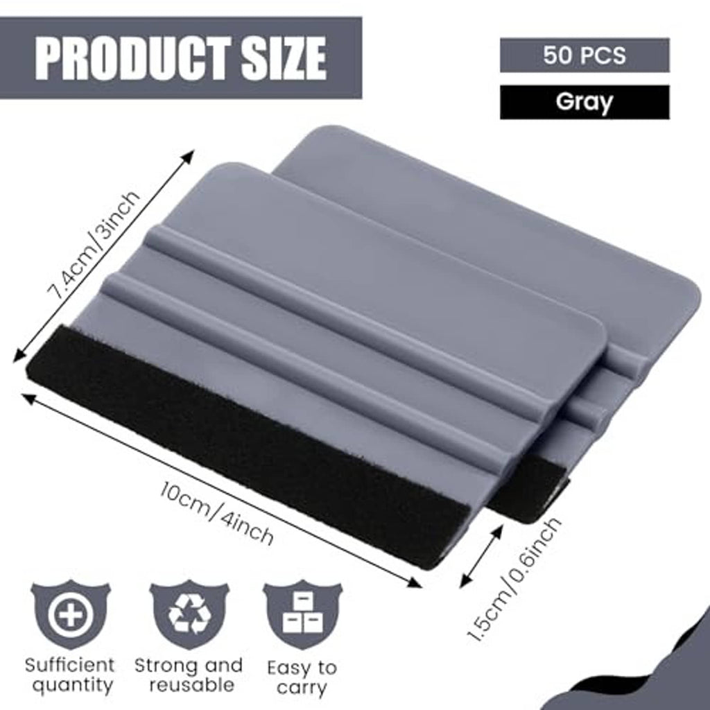 Gray felt-edge vinyl squeegees, 50-count, with size diagram and black felt pad