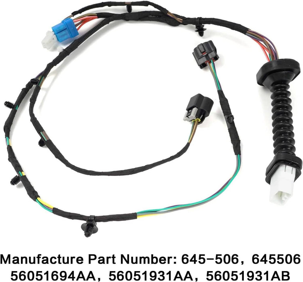Rear door wiring harness bundle with black wiring and multiple electrical connectors