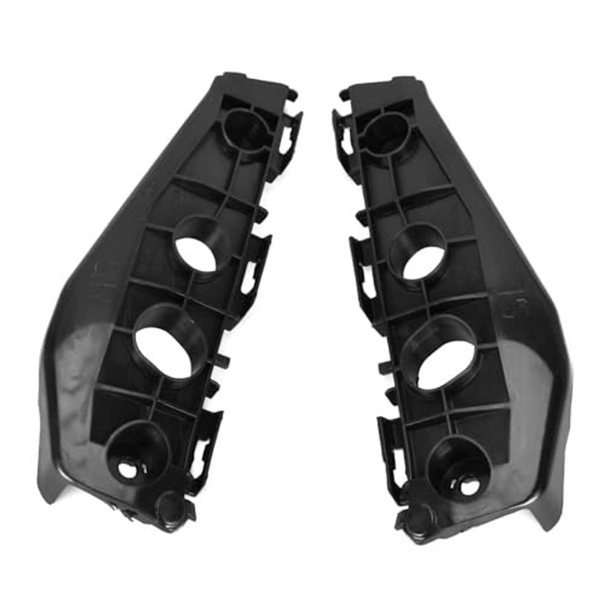 Black front bumper bracket support retainer pair, front corner brackets with round openings