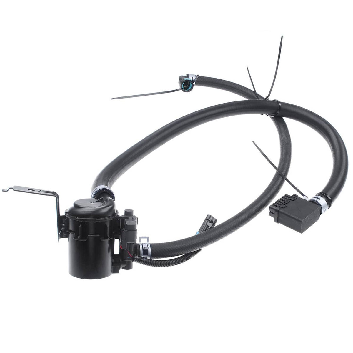 Vapor canister vent solenoid valve with black hoses and multi-pin electrical connectors