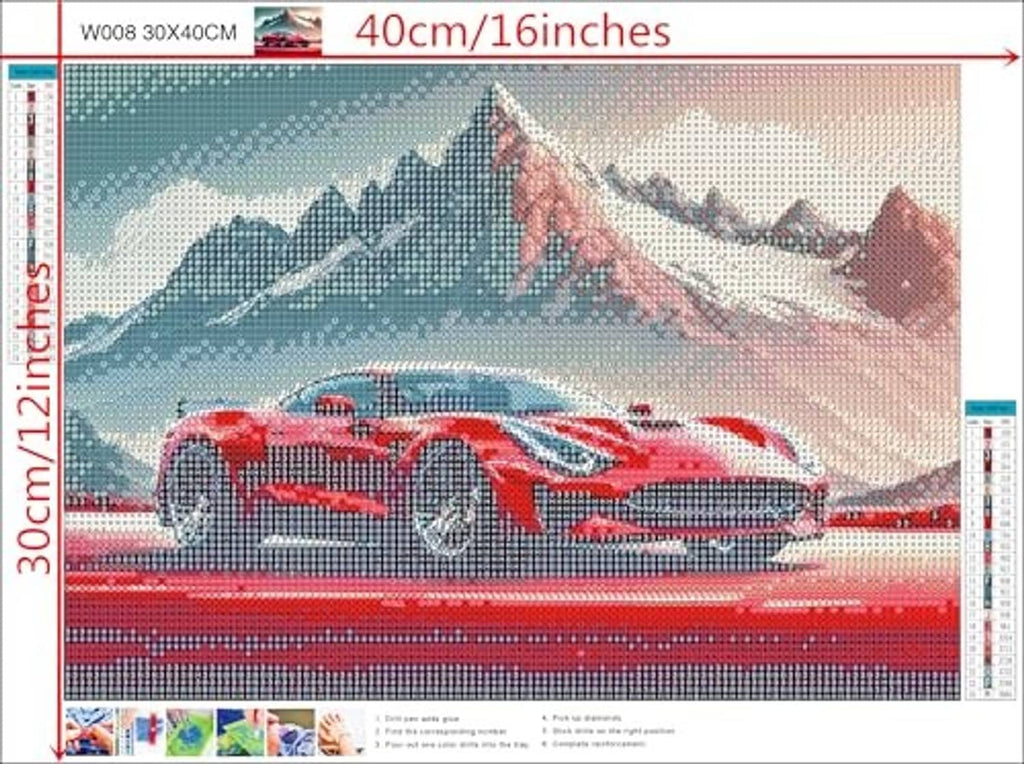 Diamond painting canvas sheet with red sports car over snowy mountains, 40x30cm