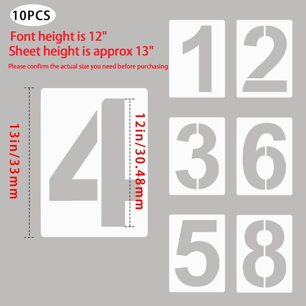 12-inch number stencil set with bold digits 1 to 8 and size guidance