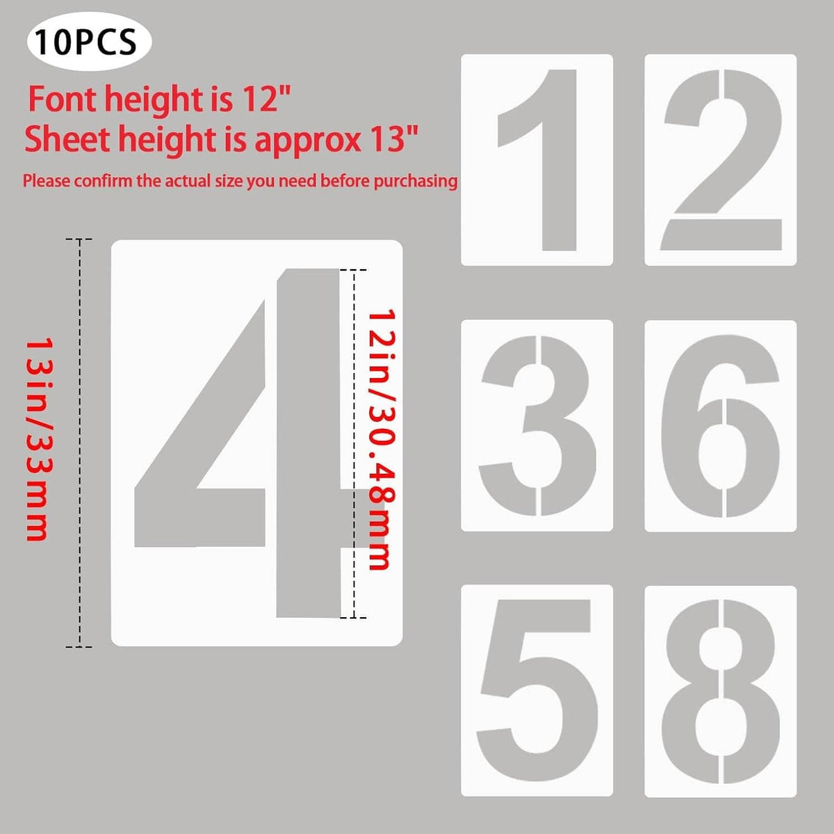 12-inch number stencil set with bold digits 1 to 8 and size guidance