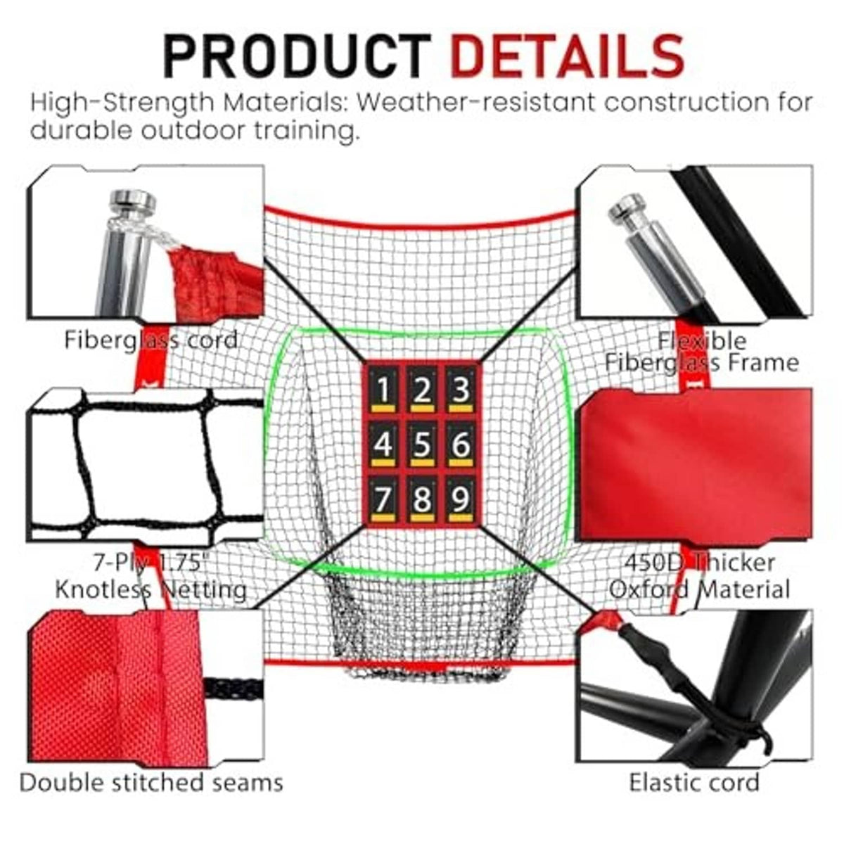Baseball practice net with numbered strike zone and labeled construction details