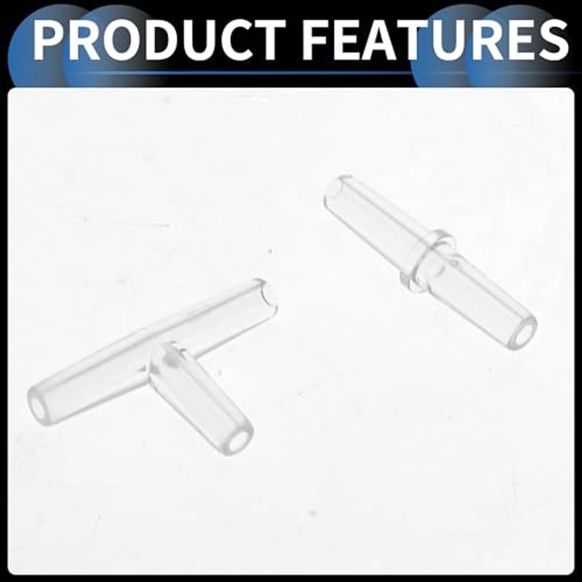 Clear 3-way T-shaped hose barb connector fitting shown from two angles