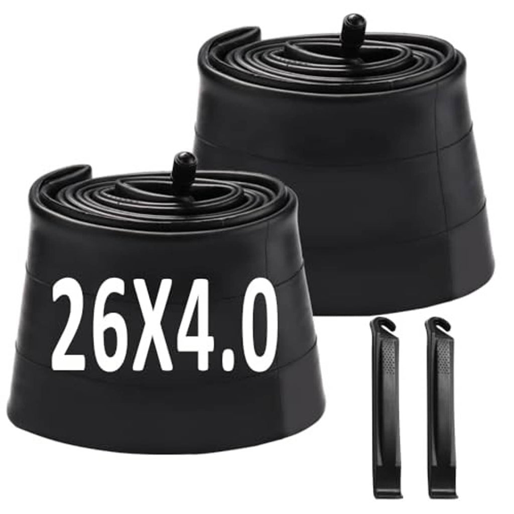 Rolled black 26x4.0 bike inner tubes with Schrader valve and two tire levers