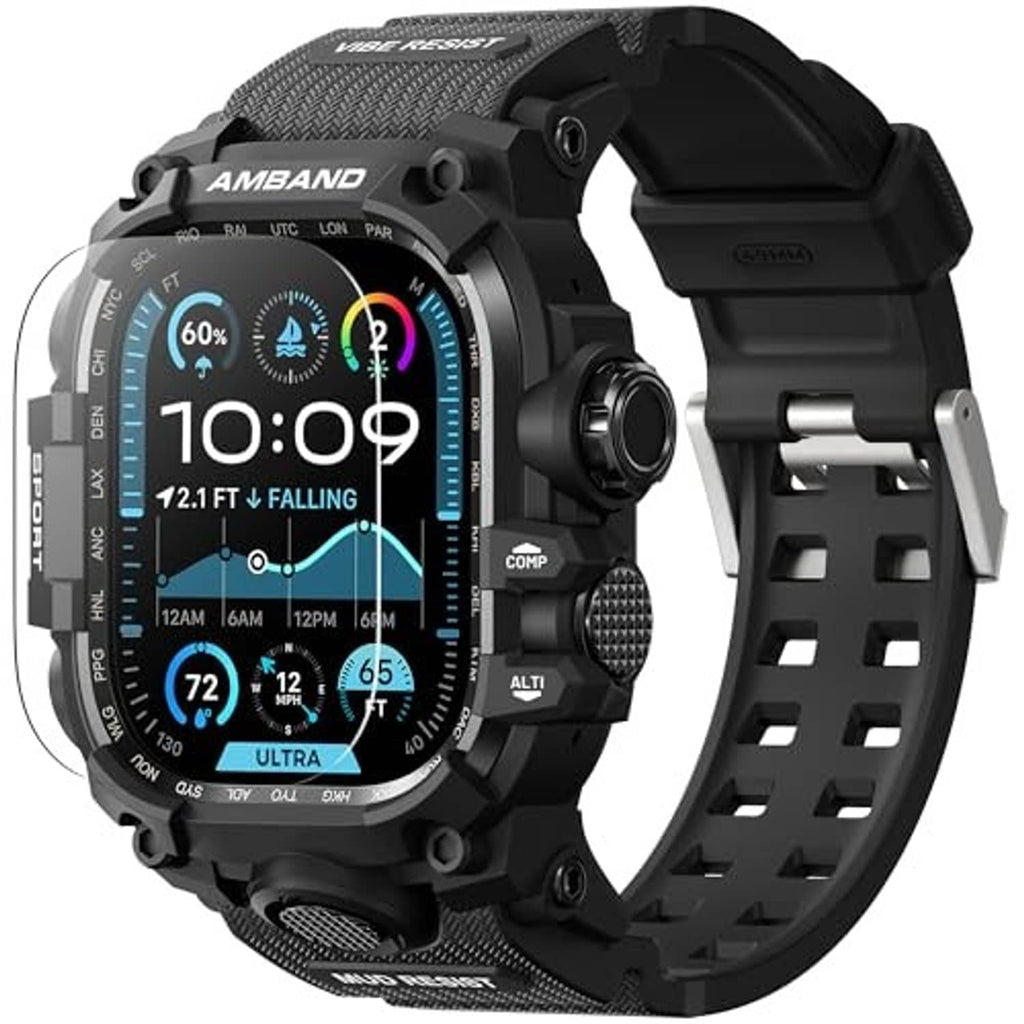Matte black rugged watch case and band with raised bezel and perforated strap