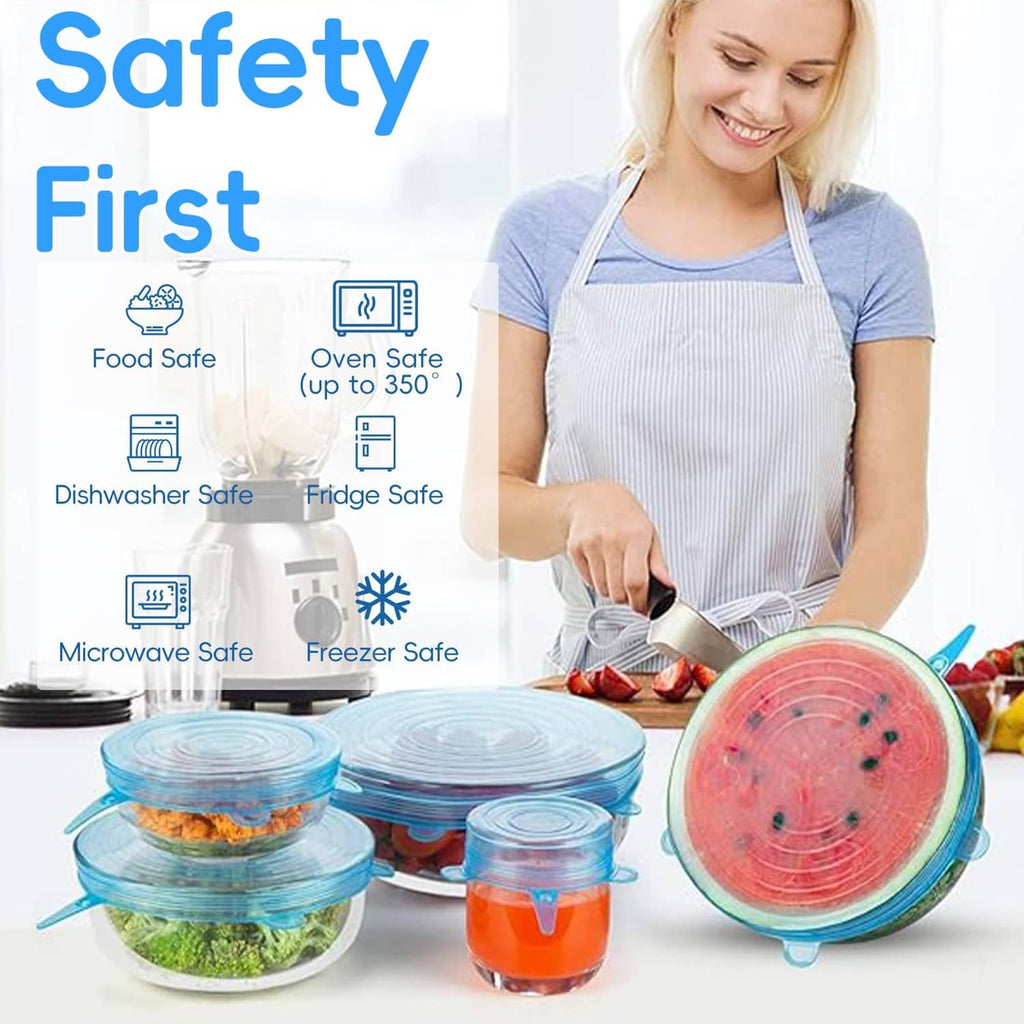 Assorted silicone stretch lids with food containers, flexible reusable bowl covers