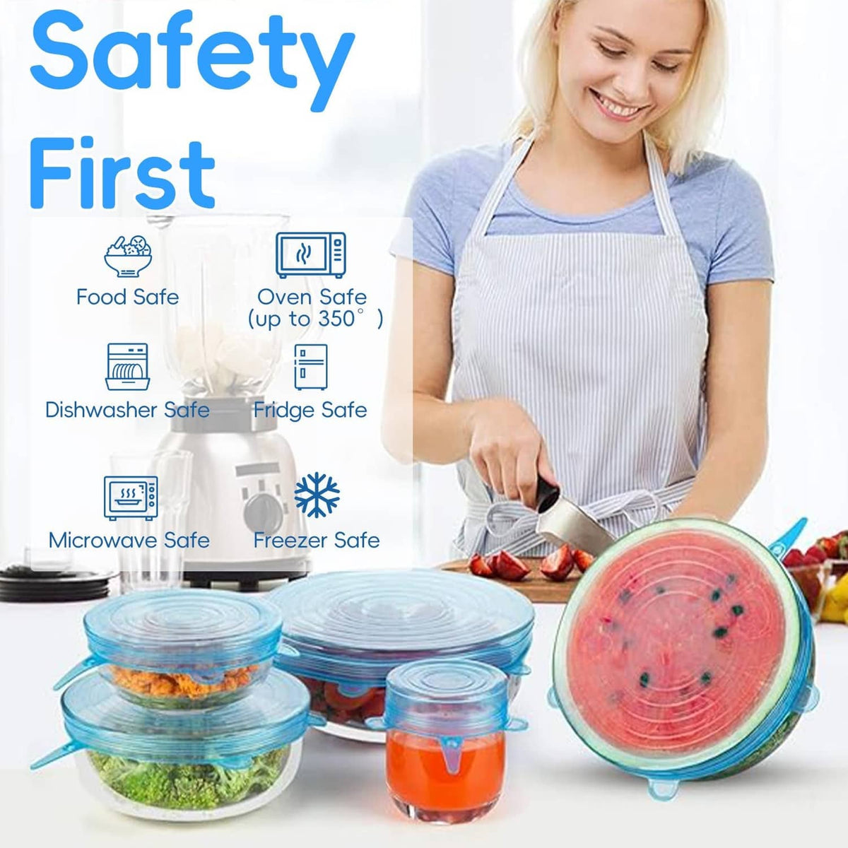 Assorted silicone stretch lids with food containers, flexible reusable bowl covers