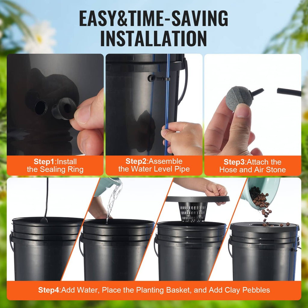 DWC hydroponic system installation components with buckets and hoses
