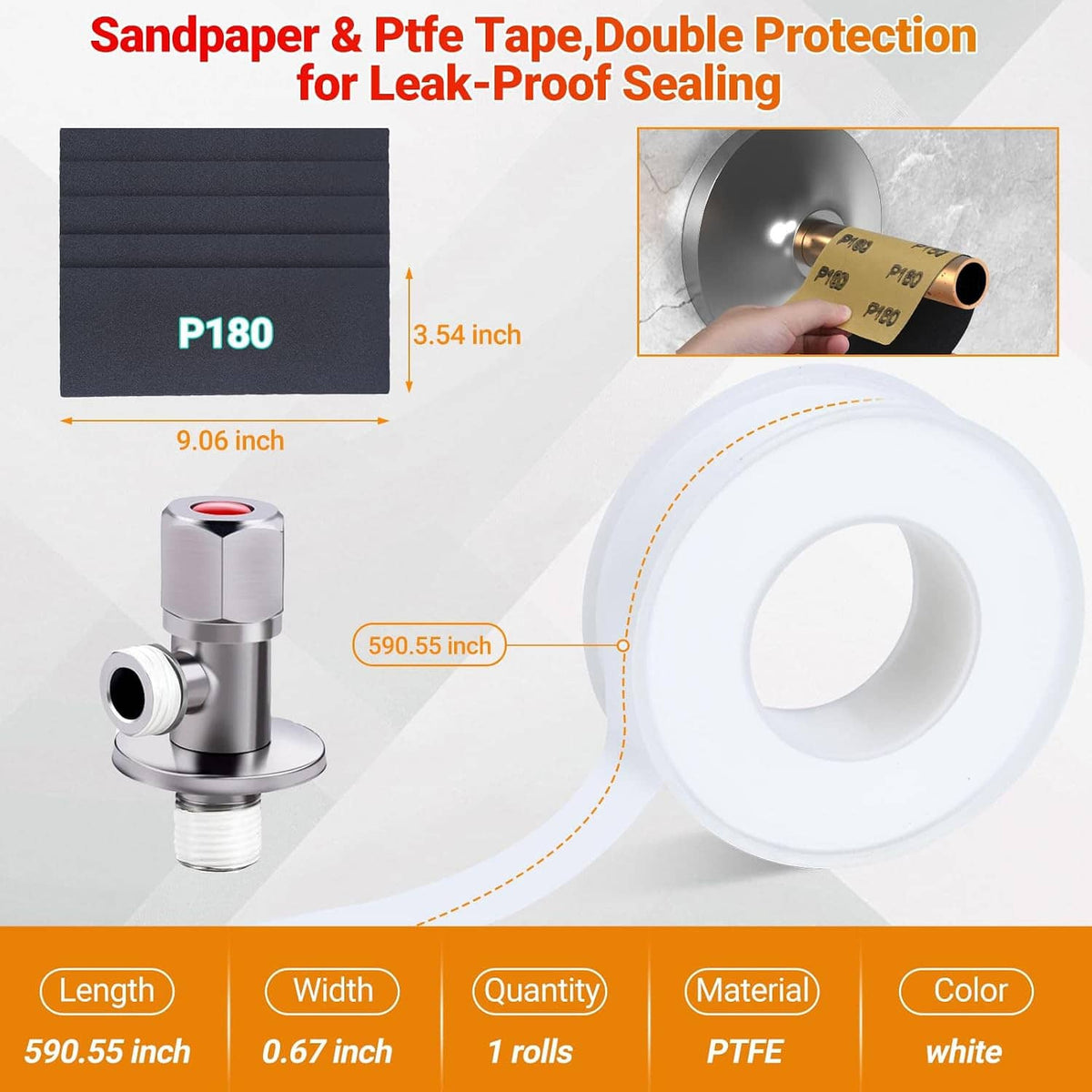 PTFE sealing roll and black sandpaper sheet with angle stop wrench components