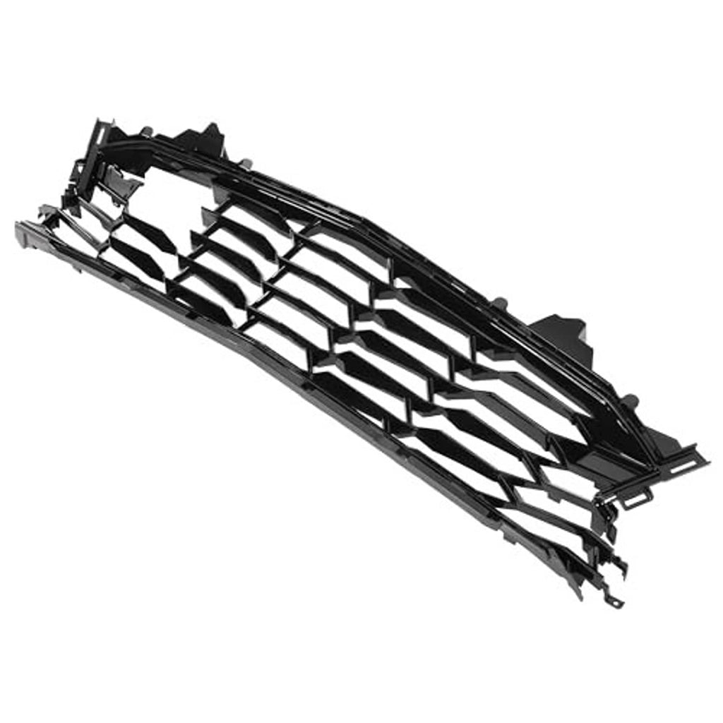 Black front grille with slatted horizontal bars and mounting clips visible