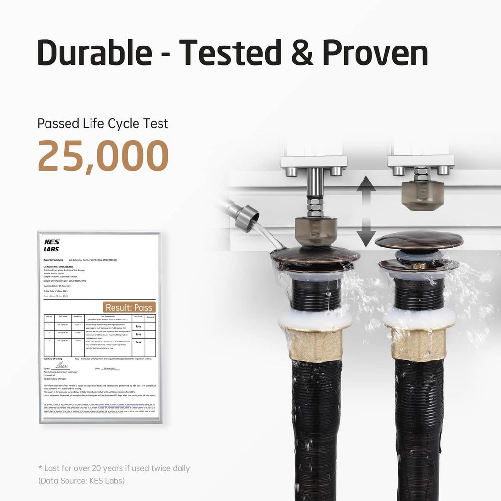 Pair of oil-rubbed bronze sink pop-up drains shown in life-cycle test setup
