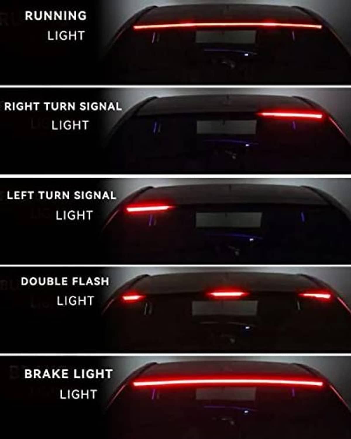 Red LED third brake light strip showing multiple turn signal and brake patterns