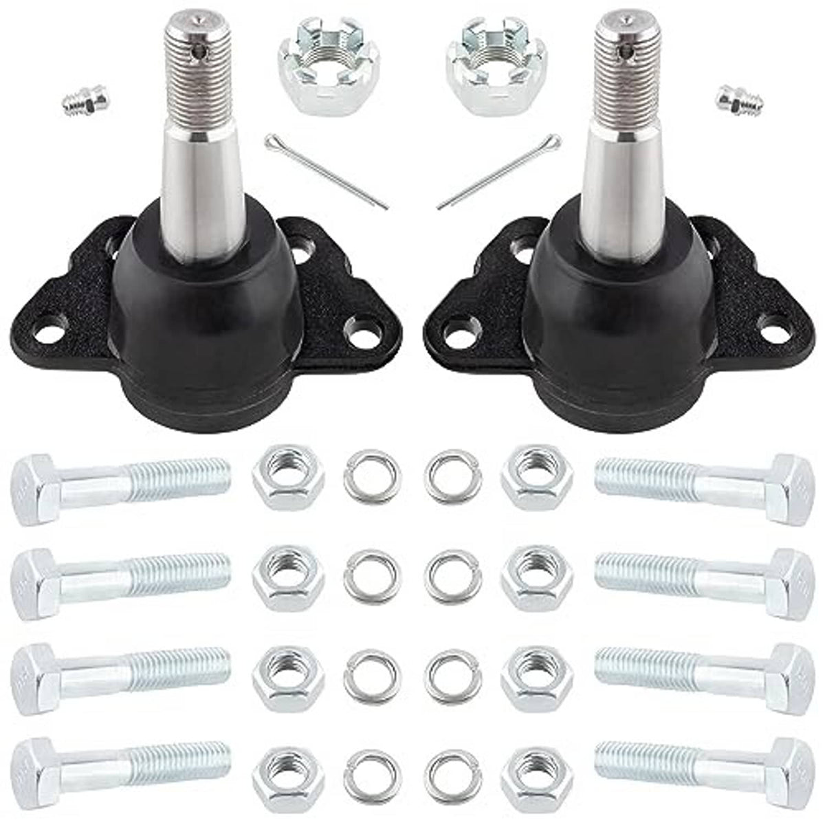 Pair of front upper suspension ball joints with installation hardware, black rubber boots