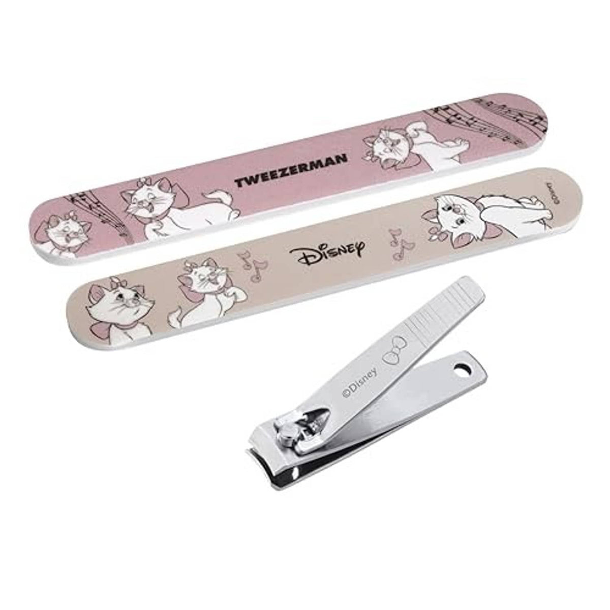 Pink patterned nail clipper beside Disney cats manicure case