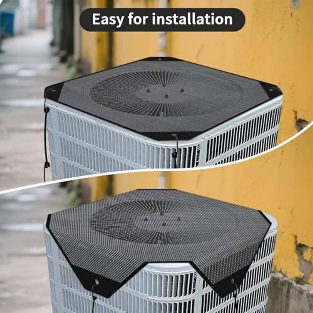 Central AC unit cover with black mesh top and easy-install pull straps