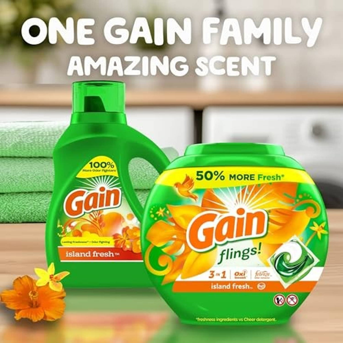 Gain island fresh detergent bottle and flings container, green 50% more and 100%