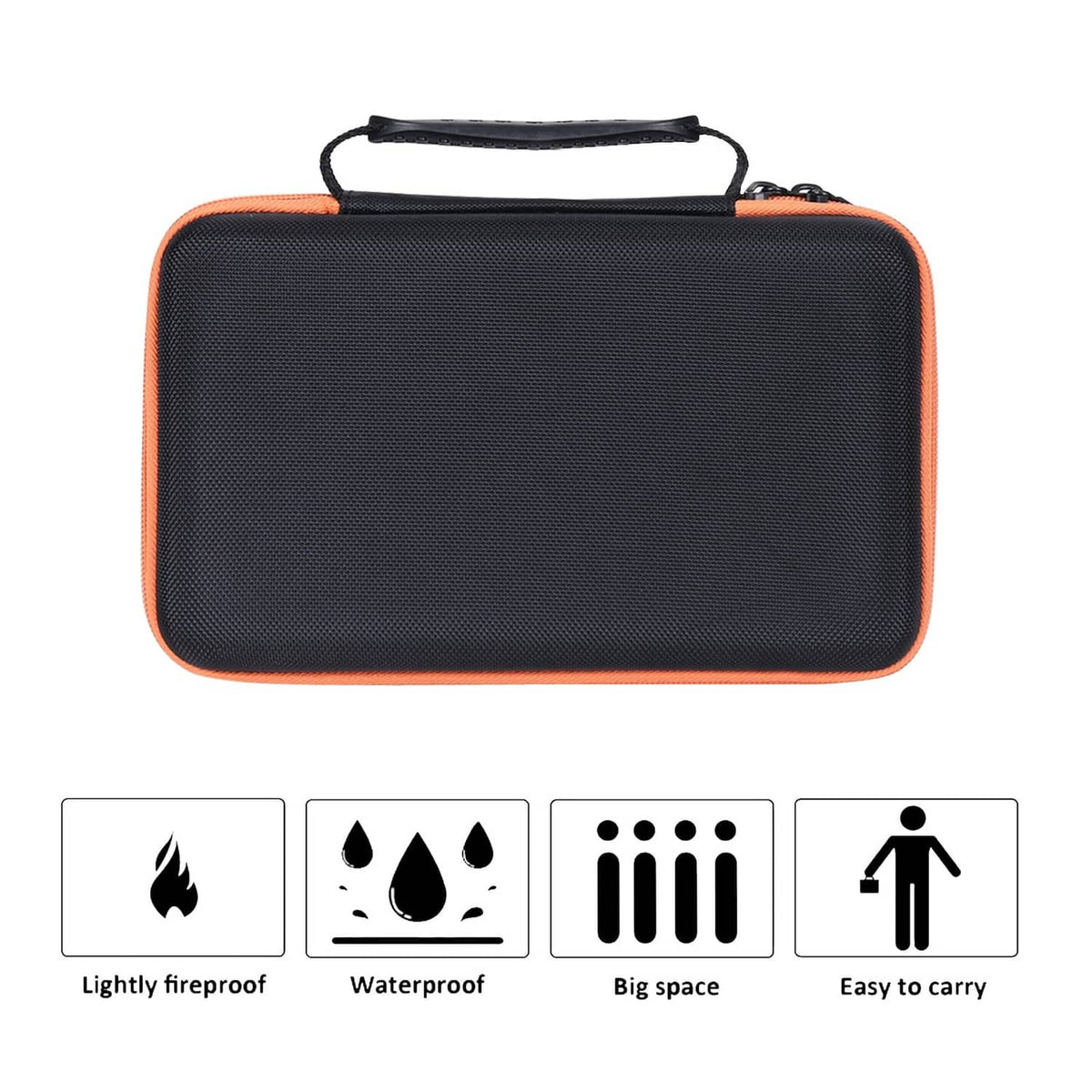 Black tool case with orange trim, top handle, and zippered storage