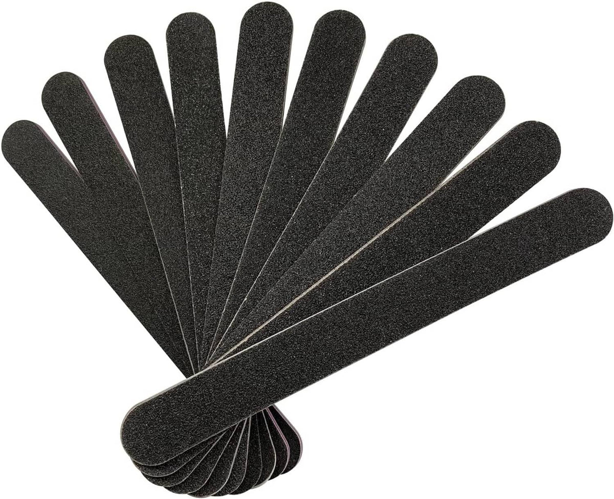 Double-sided black nail files, 10-pack folded stack.