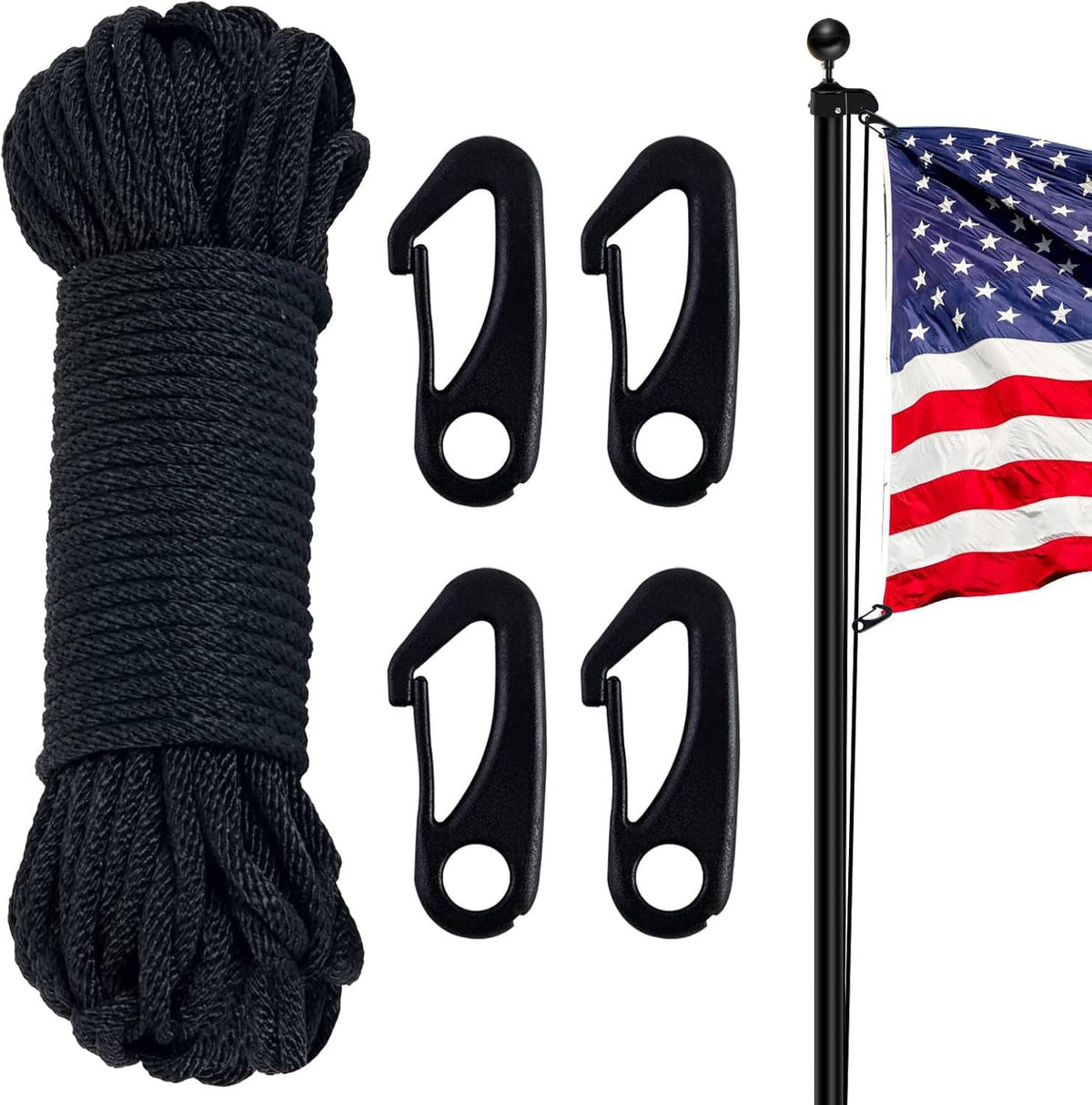 Navy flagpole rope coil with four black clips and small flagpole finial
