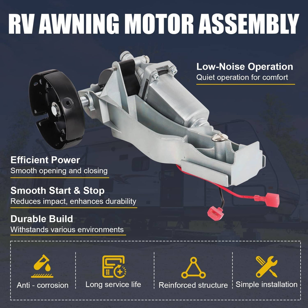 RV awning motor assembly with black mounting flange, silver gearbox and red wiring