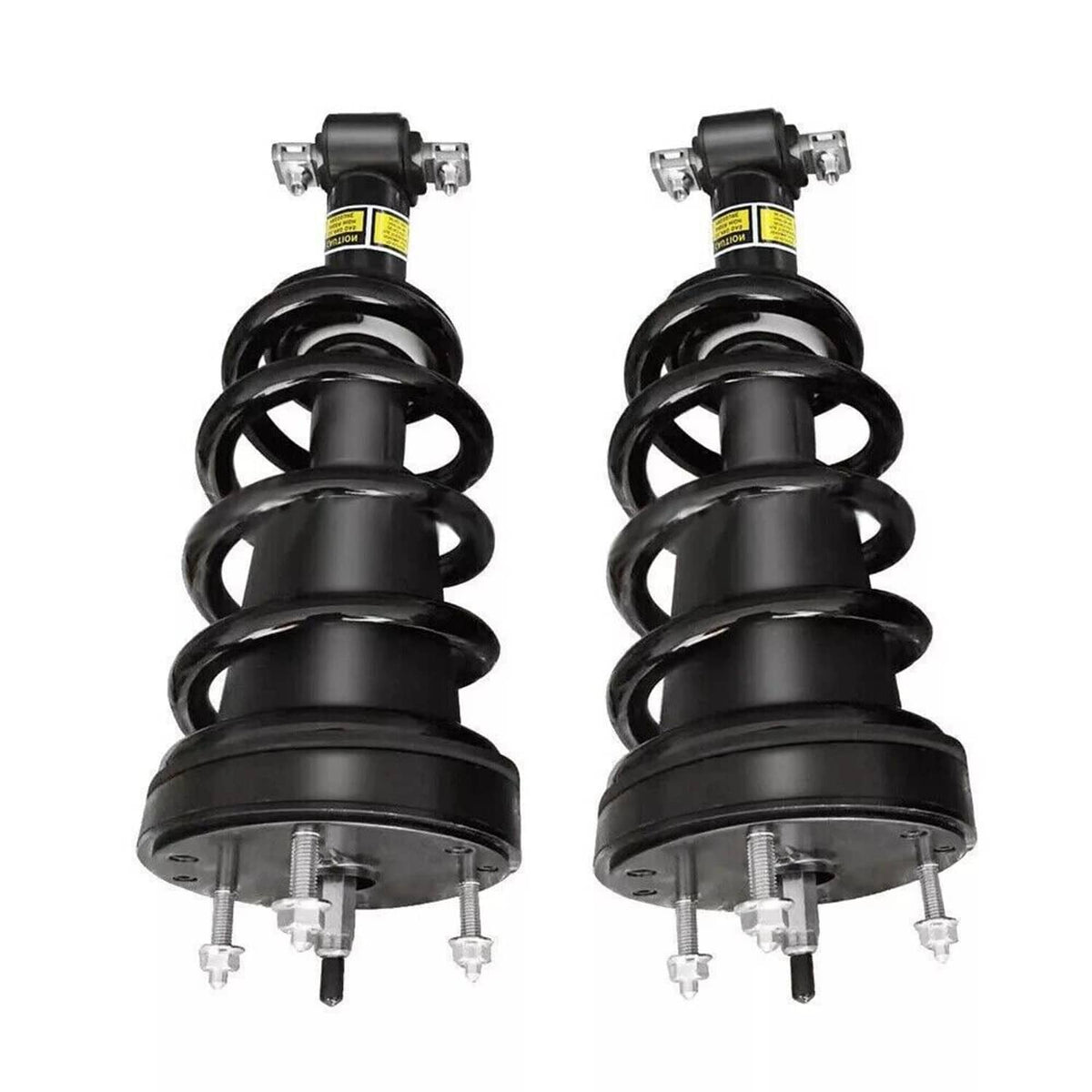 Two black shock struts shown front-on with coil springs and base mounting
