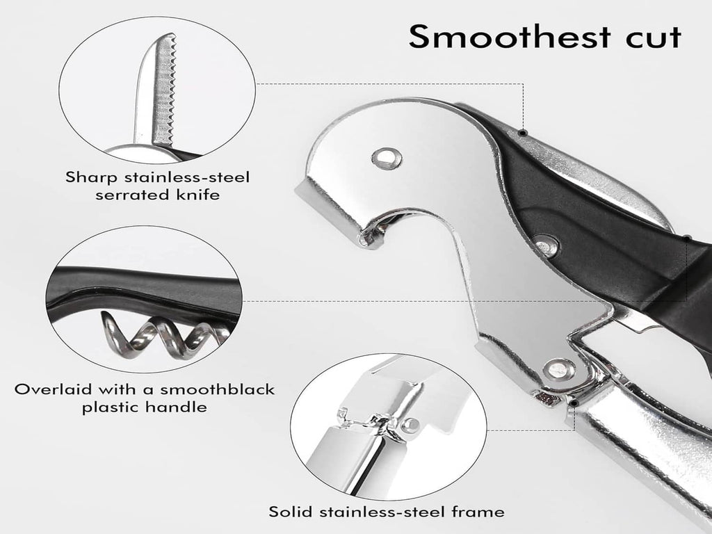 Stainless corkscrew with serrated knife, smooth black handle and sturdy frame