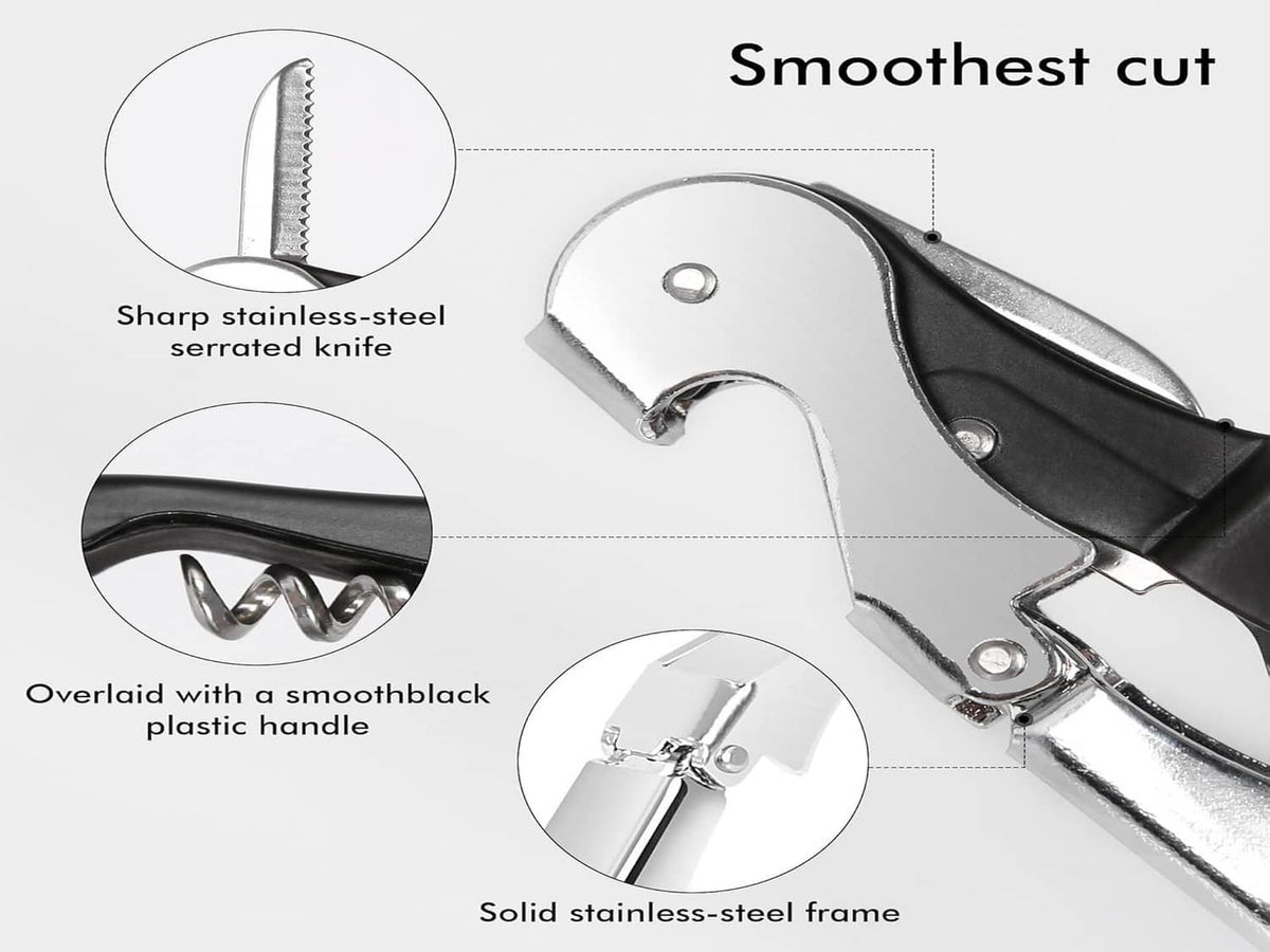 Stainless corkscrew with serrated knife, smooth black handle and sturdy frame