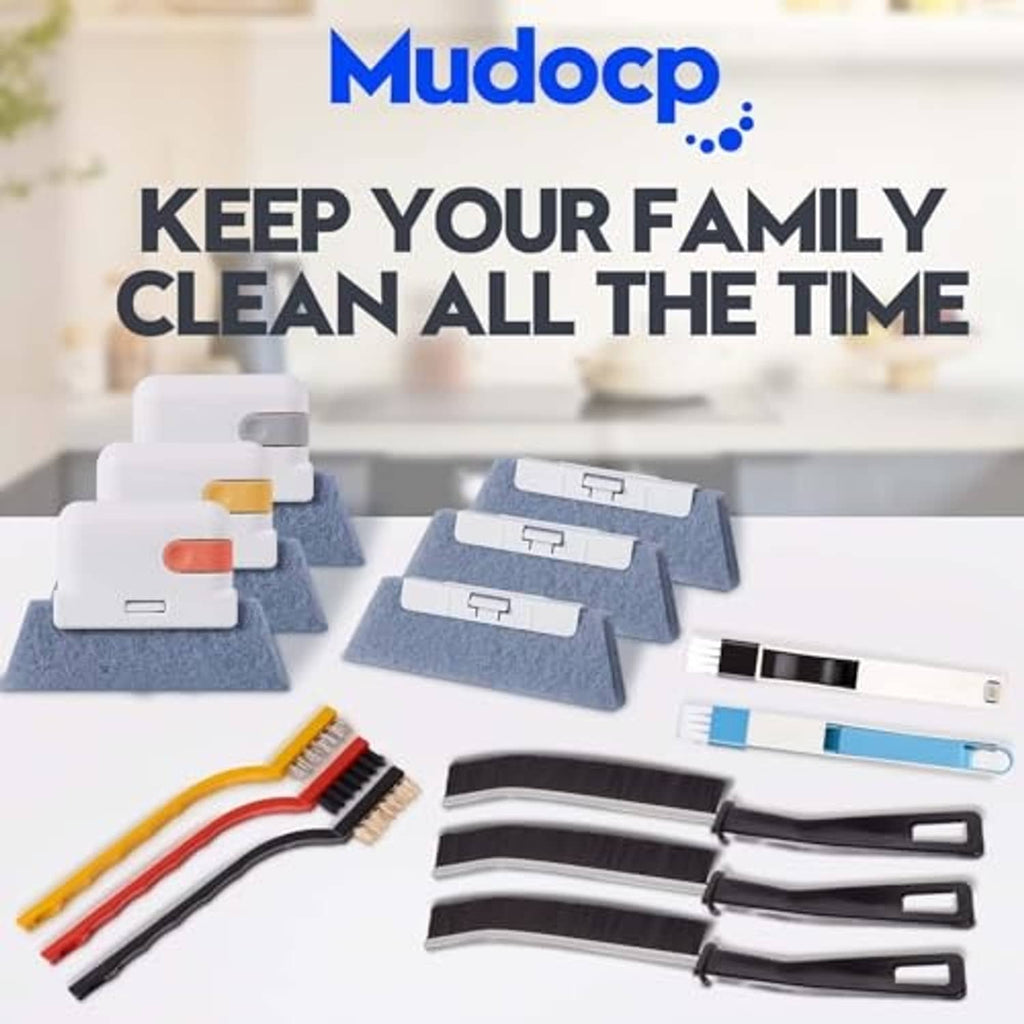 Mudocp 14-piece window track cleaning brush kit with gray holders and multicolor bristle tools