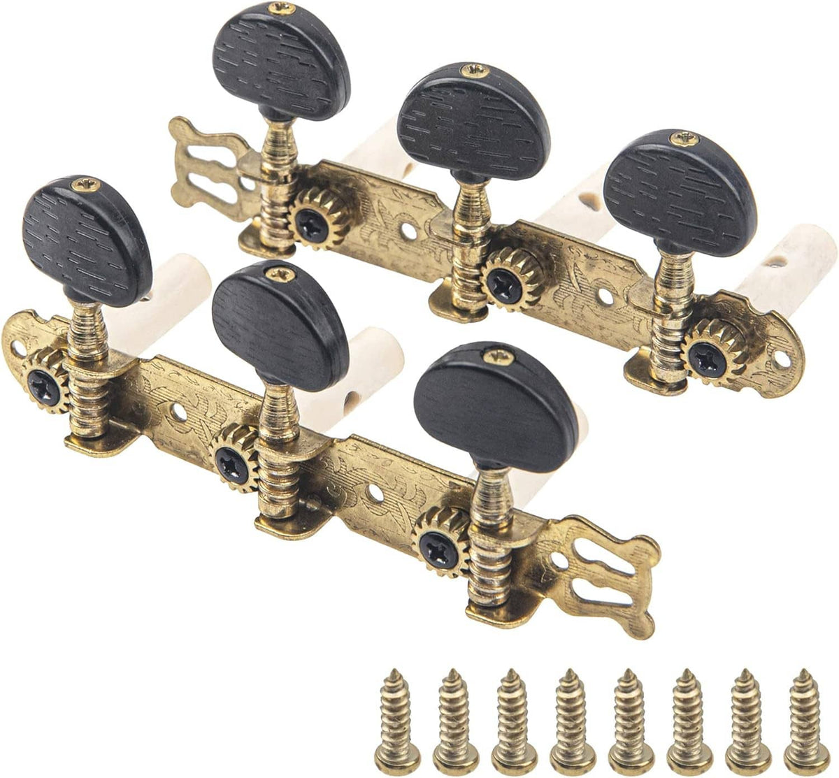 Classical guitar tuning key set with black knobs, gold machine heads, and mounting screws