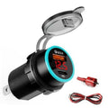 Black dual-port USB-C car charger with blue LED voltmeter display and open dust cover