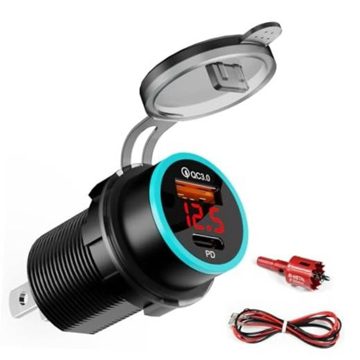 Black dual-port USB-C car charger with blue LED voltmeter display and open dust cover